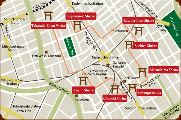 Tour of Nihonbashi Shrines to Worship the Seven Deities of Good Fortune Map
